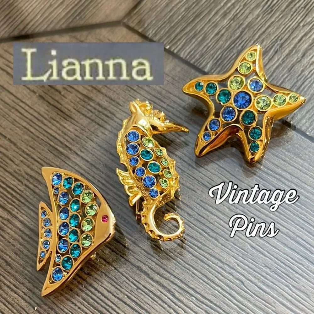 LIA Lianna Stamped 3 Ocean/Sea Themed Gold-tone Brooches w/ Rhinestone Accents